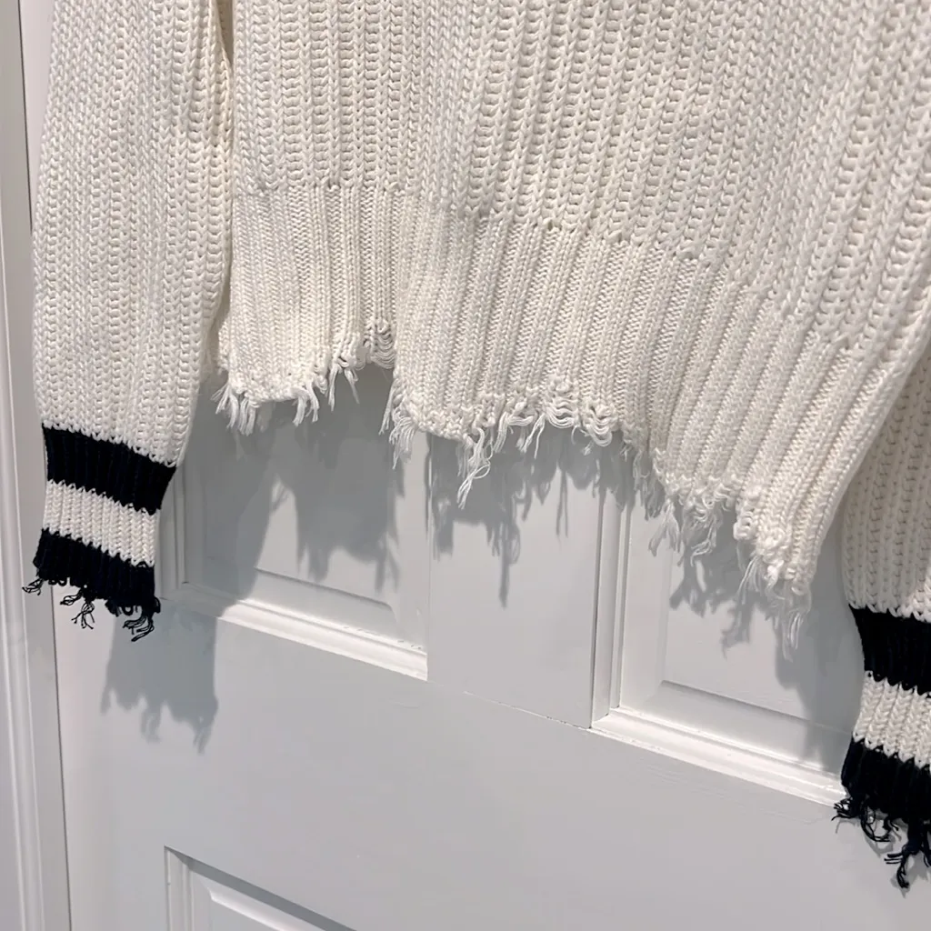 Z Supply Evereve Luna Varsity V Neck Sweater White Navy Medium Distressed - Image 4