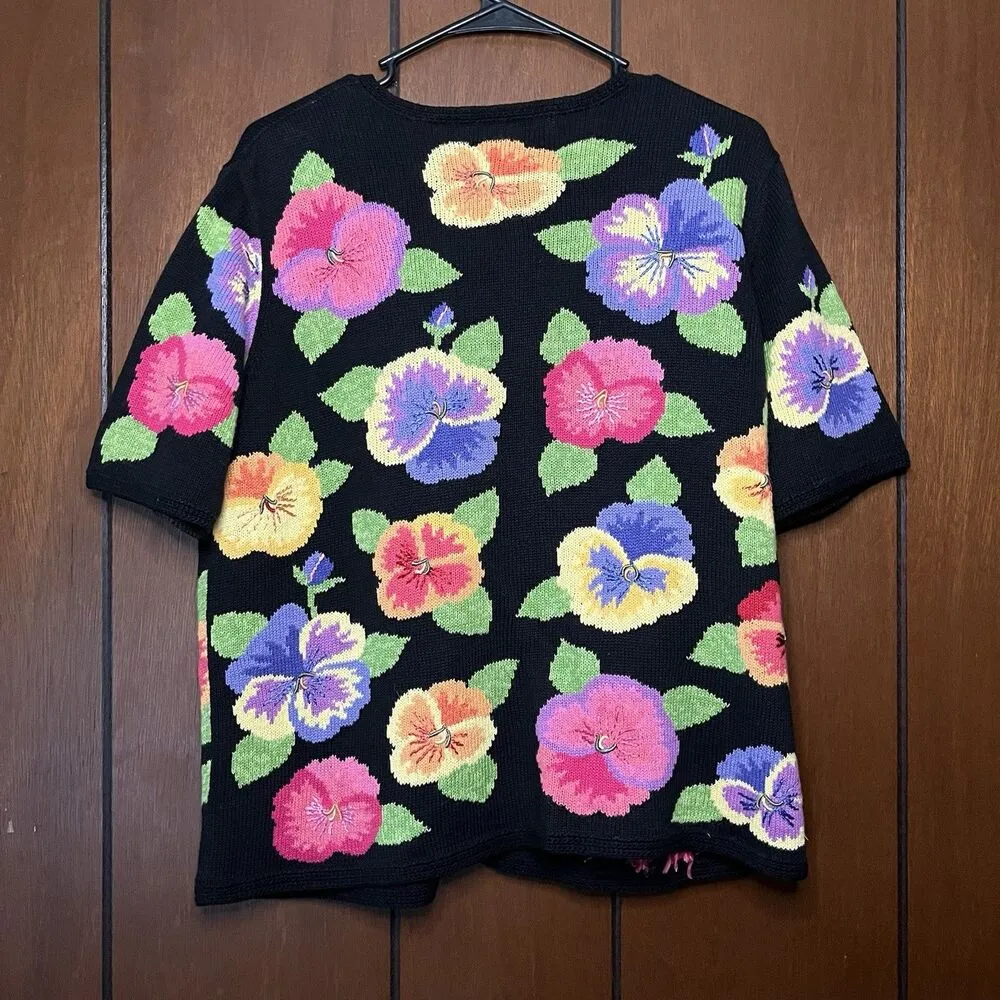 Vtg 90s David Brooks Floral Knit Button Up Cardigan Sweater XL - Image 3