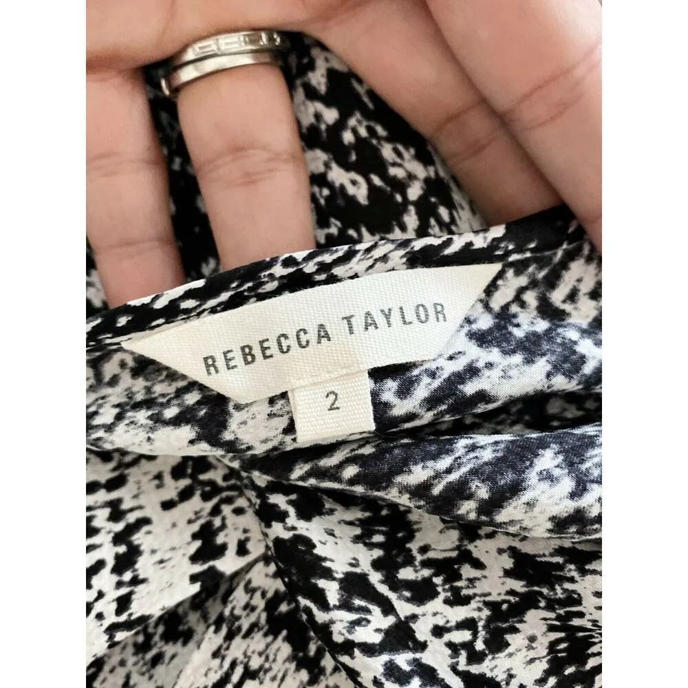 REBECCA TAYLOR Dress Static Print Silk Pleated Gray Silver Black V-Neck 2 EUC - Image 7