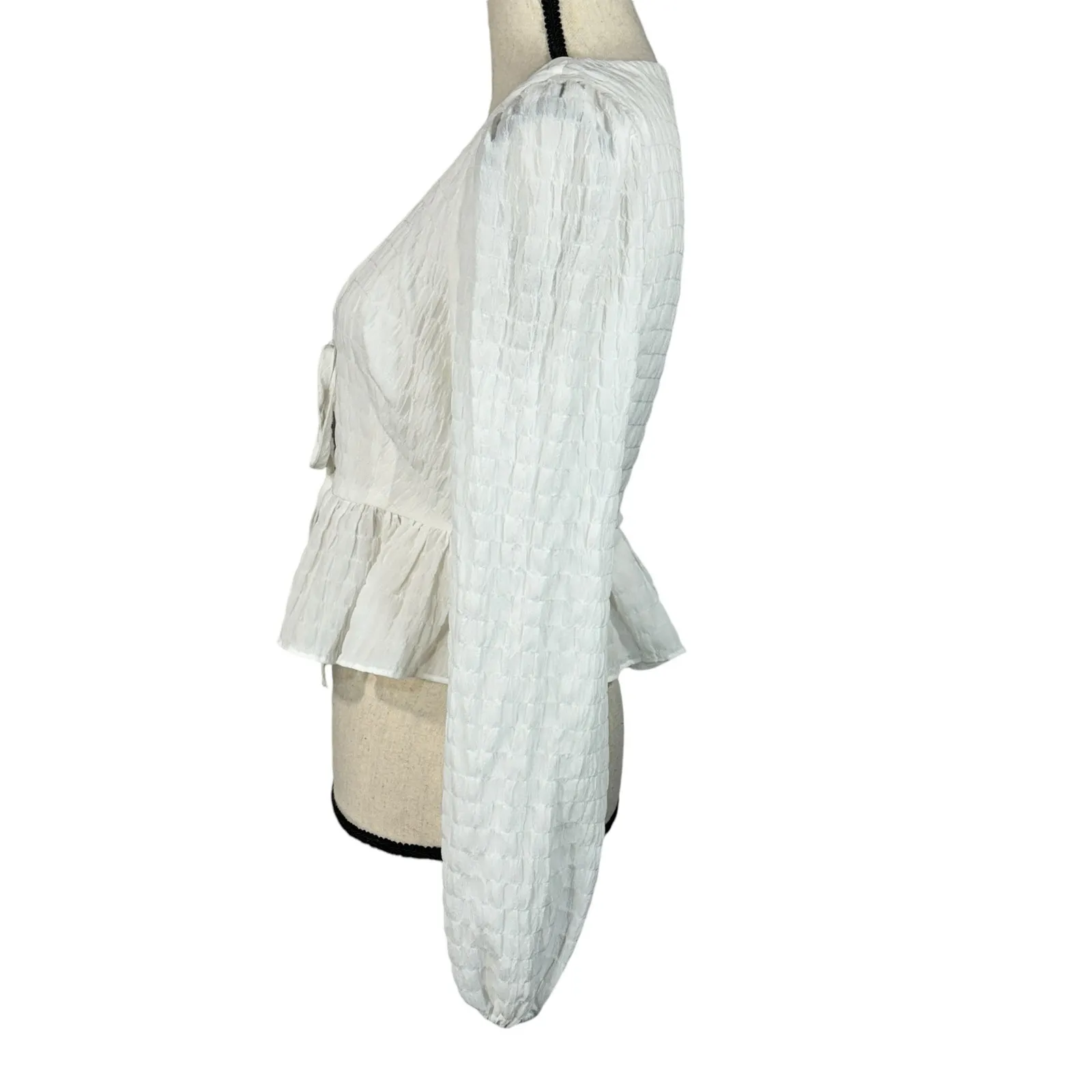 Lulus Small Cropped Tie Front Jacket Lined Long Puff Balloon Sleeve Ruffle White - Image 7