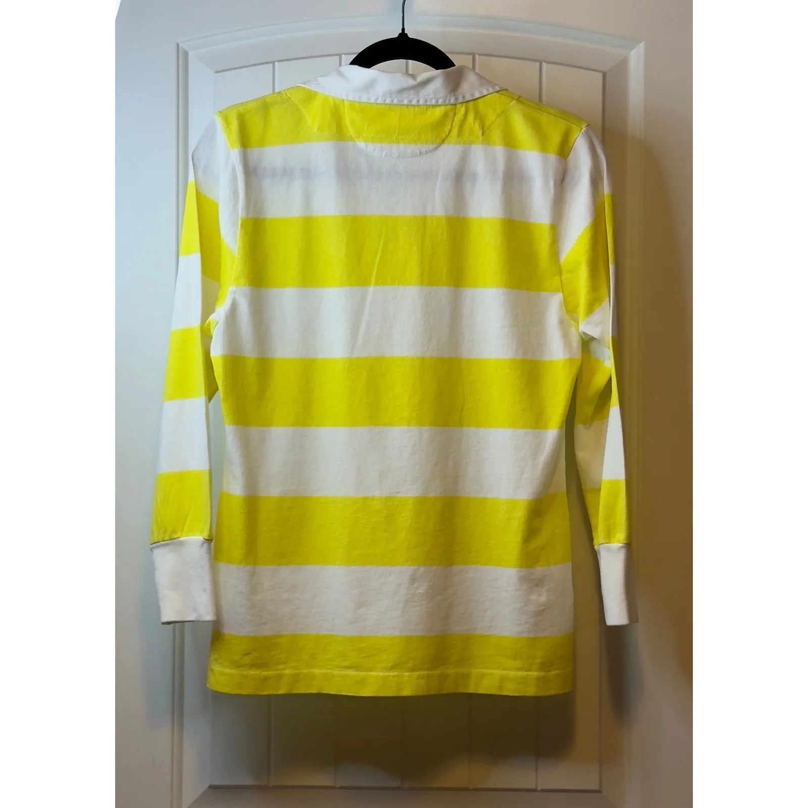J Crew Sun Washed Jersey Striped Rugby Shirt Long Sleeve Yellow White Womens L # - Image 3