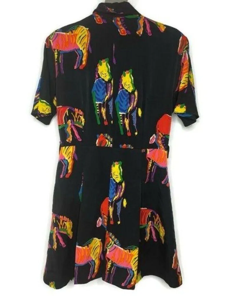 Rare vintage Claude Lima rainbow watercolor zebra dress short sleeve midi size 9 Pink Size M - Image 3