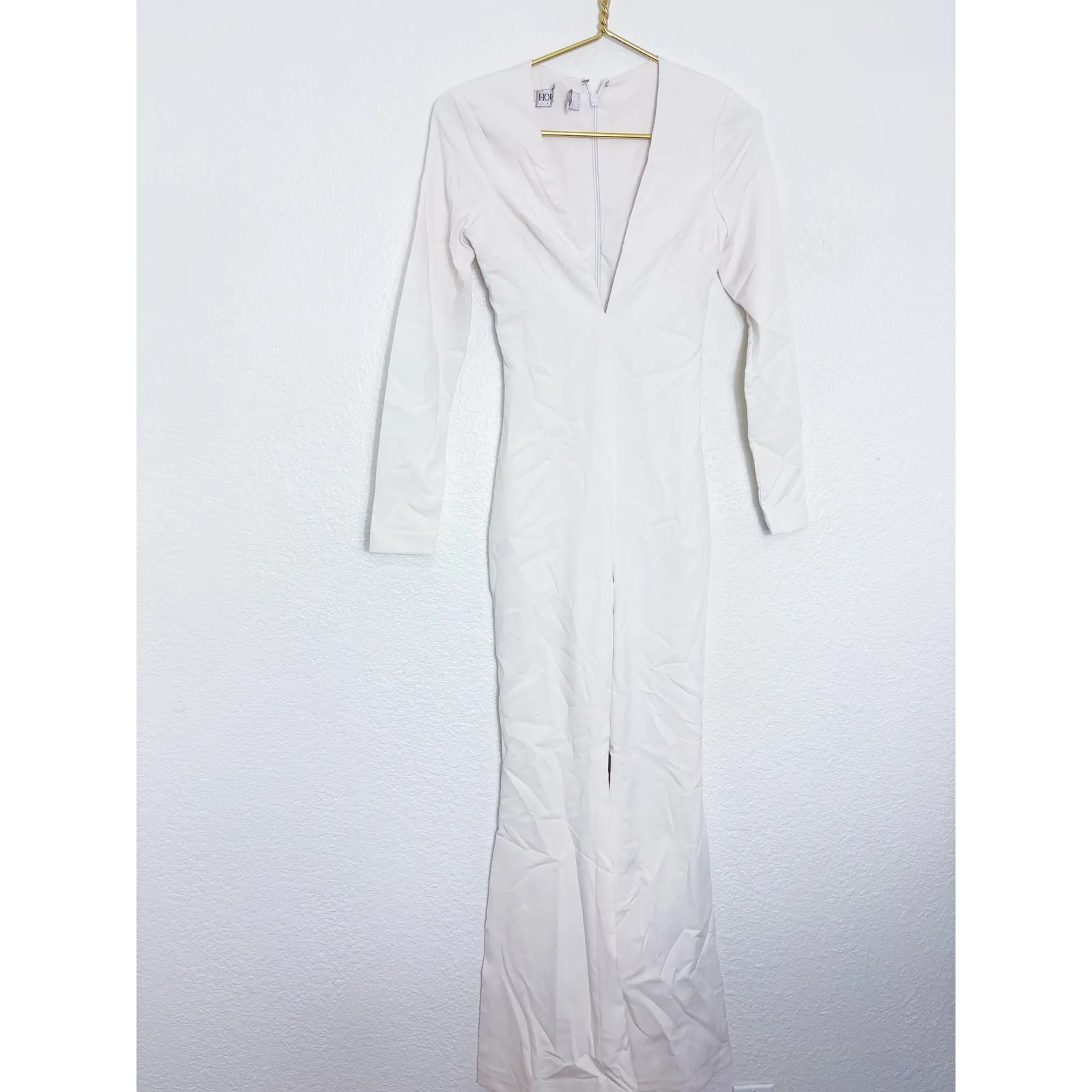 House Of CB Catalin White Flared Jumpsuit Size XS Long Sleeve Bridal 70s Stretch - Image 4