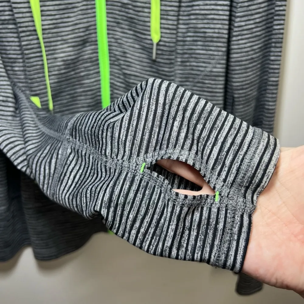 Lukka Womens Hooded Athletic Jacket Gray Black Stripe Neon Zip Thumb Holes Sz XL - Image 5