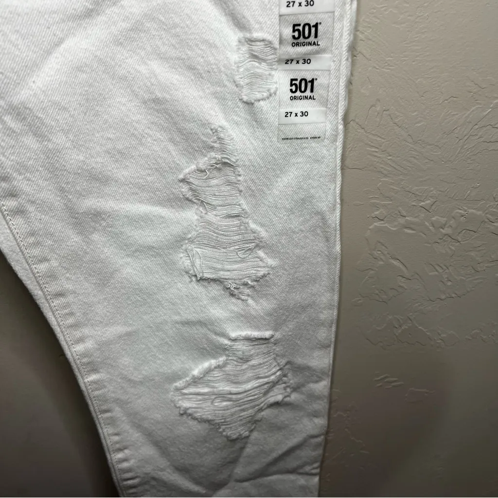 NWT Levi's 501’s White Distressed High Rise Raw Hem Straight Leg Denim Jeans - Image 7