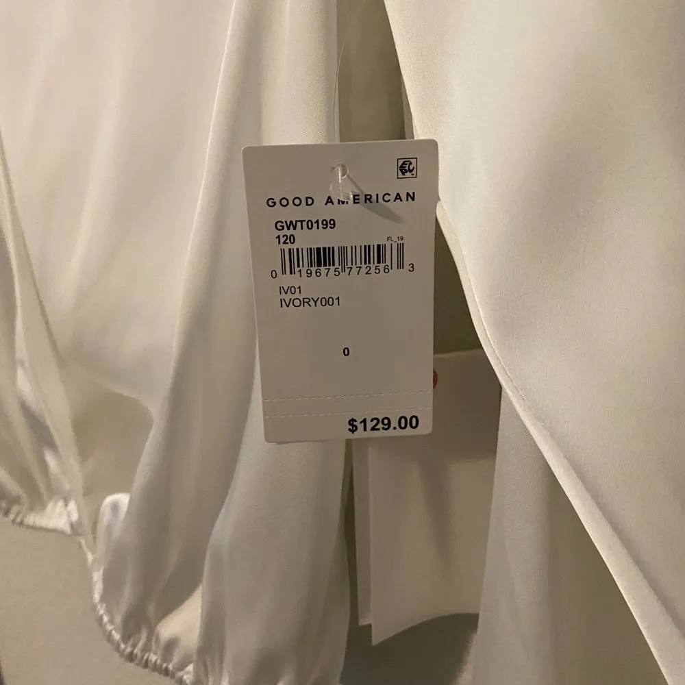 NWT Good American White Long Sleeve Stretch Satin Faux Wrap Top - Image 6