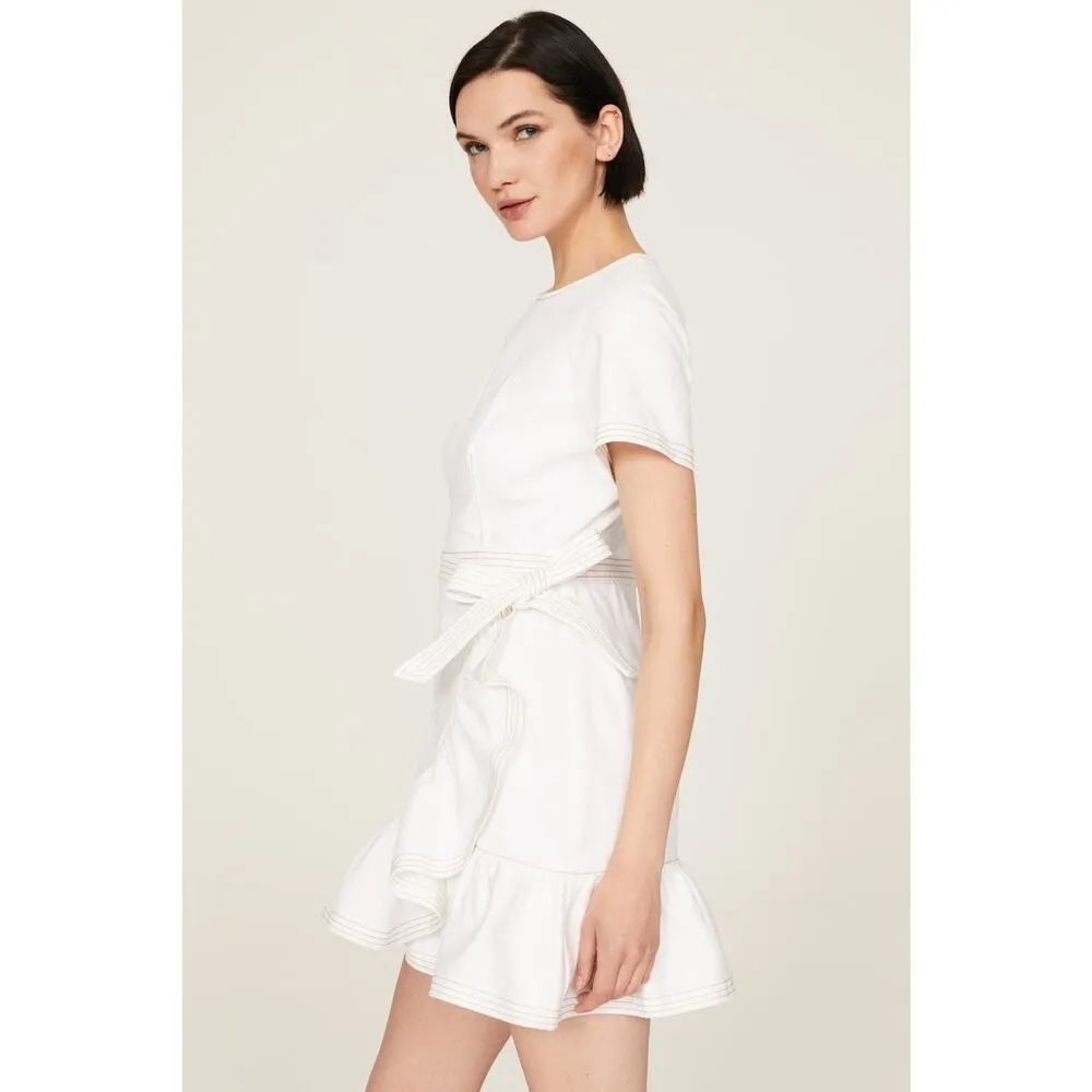 CINQ A SEPT White Cotton Crewneck Denim Wrap Mini Ruffle Josi Dress Size 2 - Image 3