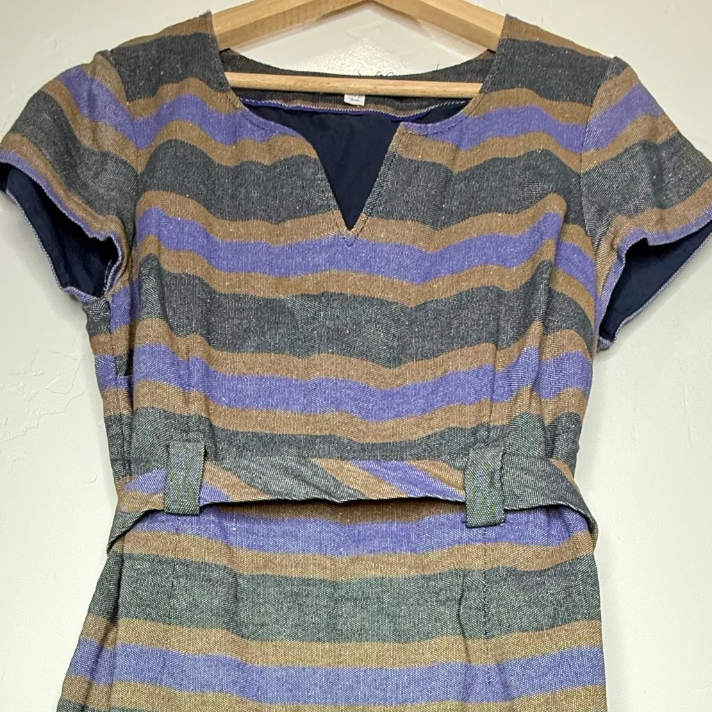 Boden Short Sleeve Striped Linen Blend Shift Dress denim Belted Notch Neck 12 Gray - Image 4