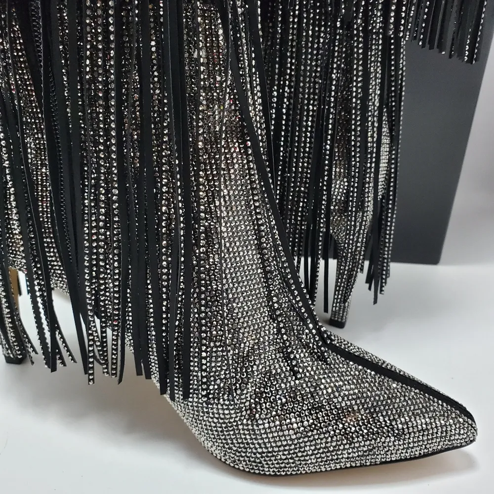 INC International Concepts Is Black and Silver Bling Fringe Heeled Boots Size 8M - Image 9