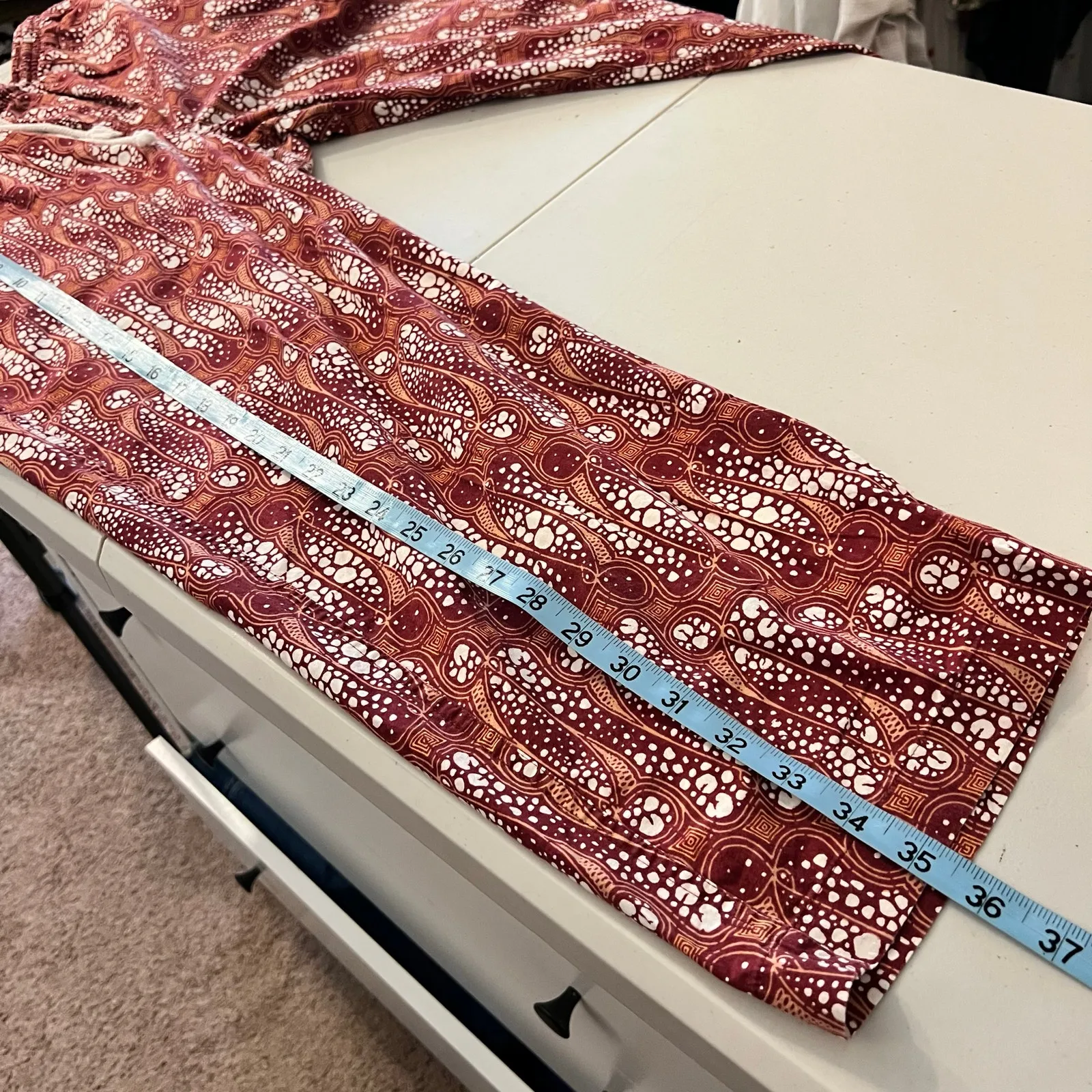 Batik Keris Cotton Red Orange Print Drawstring Baggy Relaxed Pants Size Small - Image 9