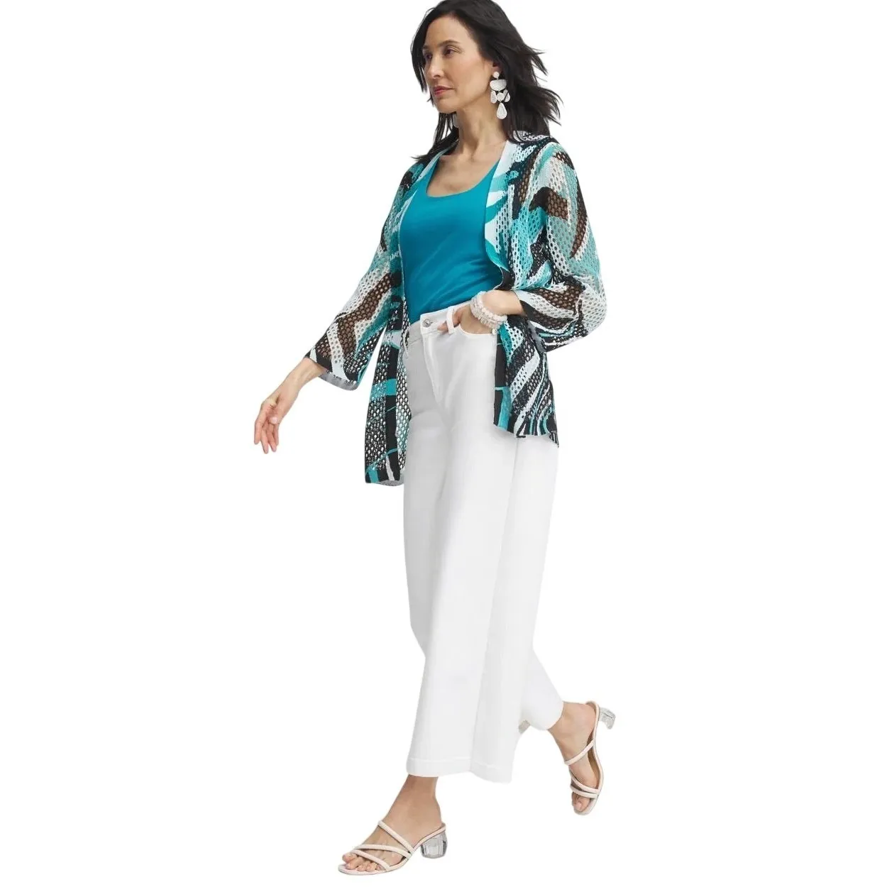 Chicos Palms Mesh Cardigan Sweater Women's Large Teal Tropical Resortwear Boho - Image 4