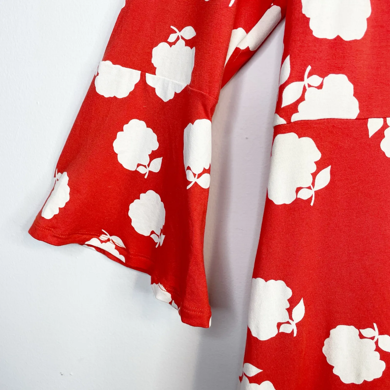 Boden Miriam Jersey Knit Bell Sleeve Mini Dress Orange Red Floral Womens 16 - Image 5