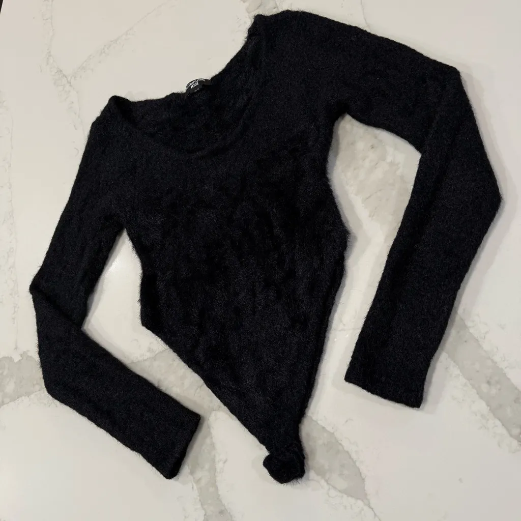 PrettyLittleThing Fluffy Round Neck Long Sleeve Bodysuit Women’s 6 Petite Black - Image 2