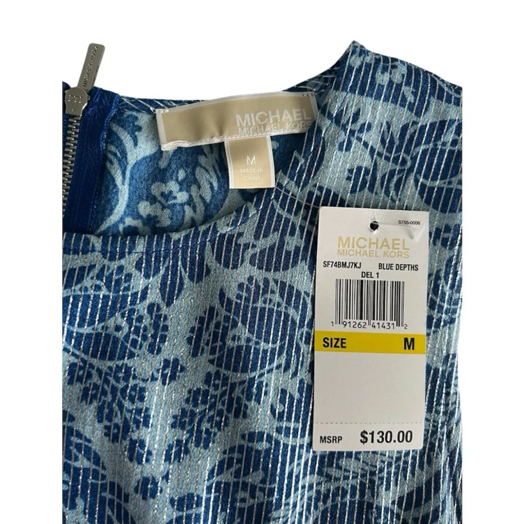MICHAEL Michael KORS NWT Navy&Blue Damask Metallic Top Sleeveless Peplum Size M - Image 5
