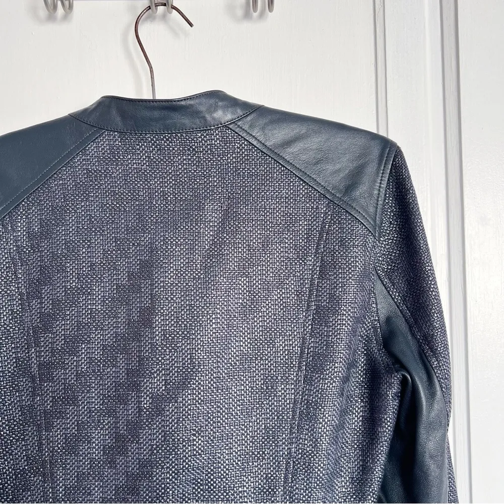 Monika Chiang • moto jacket leather woven asymmetrical zip navy blue cropped - Image 9