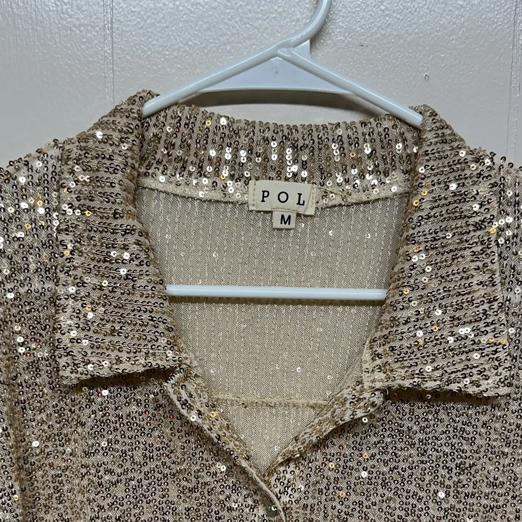 POL Glittering Sequin Shirt in Gold - Image 2