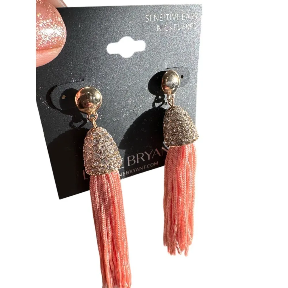 Lane Bryant Peach Tassel 4" Earrings Rhinestone Stud Sensitive Ears Nickel Free - Image 5