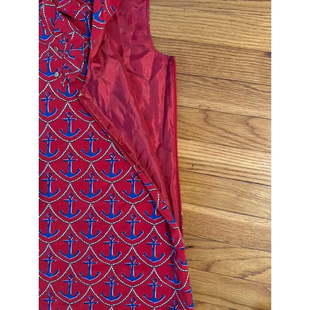 Talbots Red Blue Novelty Anchor Print Ruffle Neck Shift Dress Size 6 Gold Button - Image 11