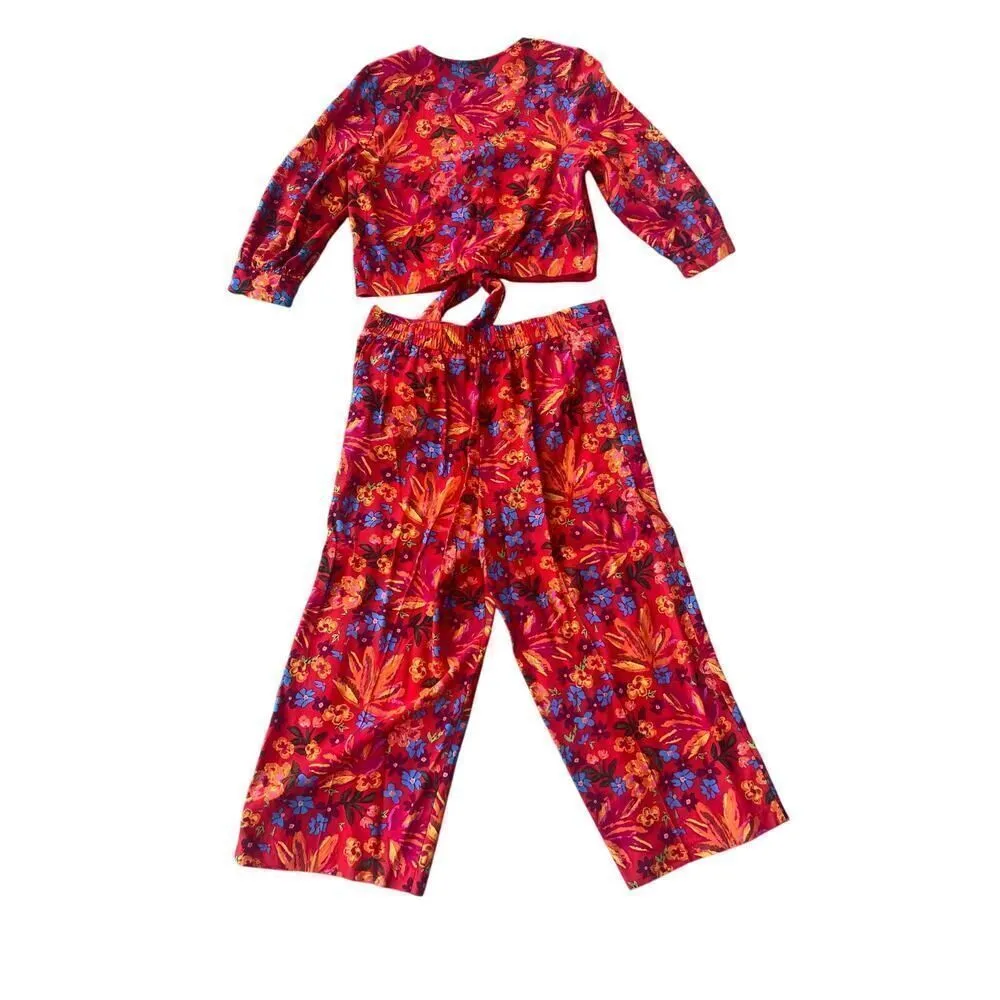 Anthropologie Maison d’ Amelie Red Floral Linen Button Top S, Trouser Pants M Size M - Image 8