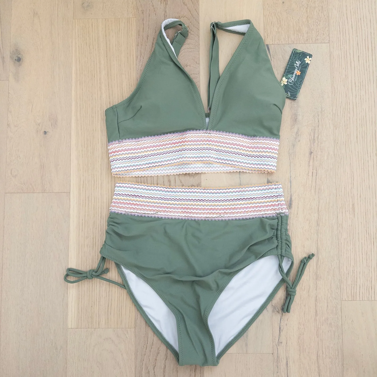 Womens Bikini Set Size L Green High Waist Tummy Control Knit Boho Coastal‎ Beach - Image 2