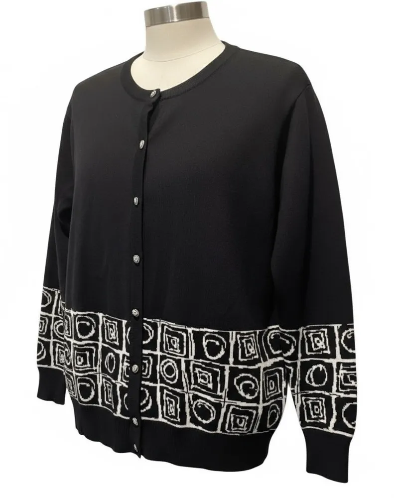 Vintage Bleyle Black White Button Up Sweater S 100% Cotton Retro Geometric - Image 1