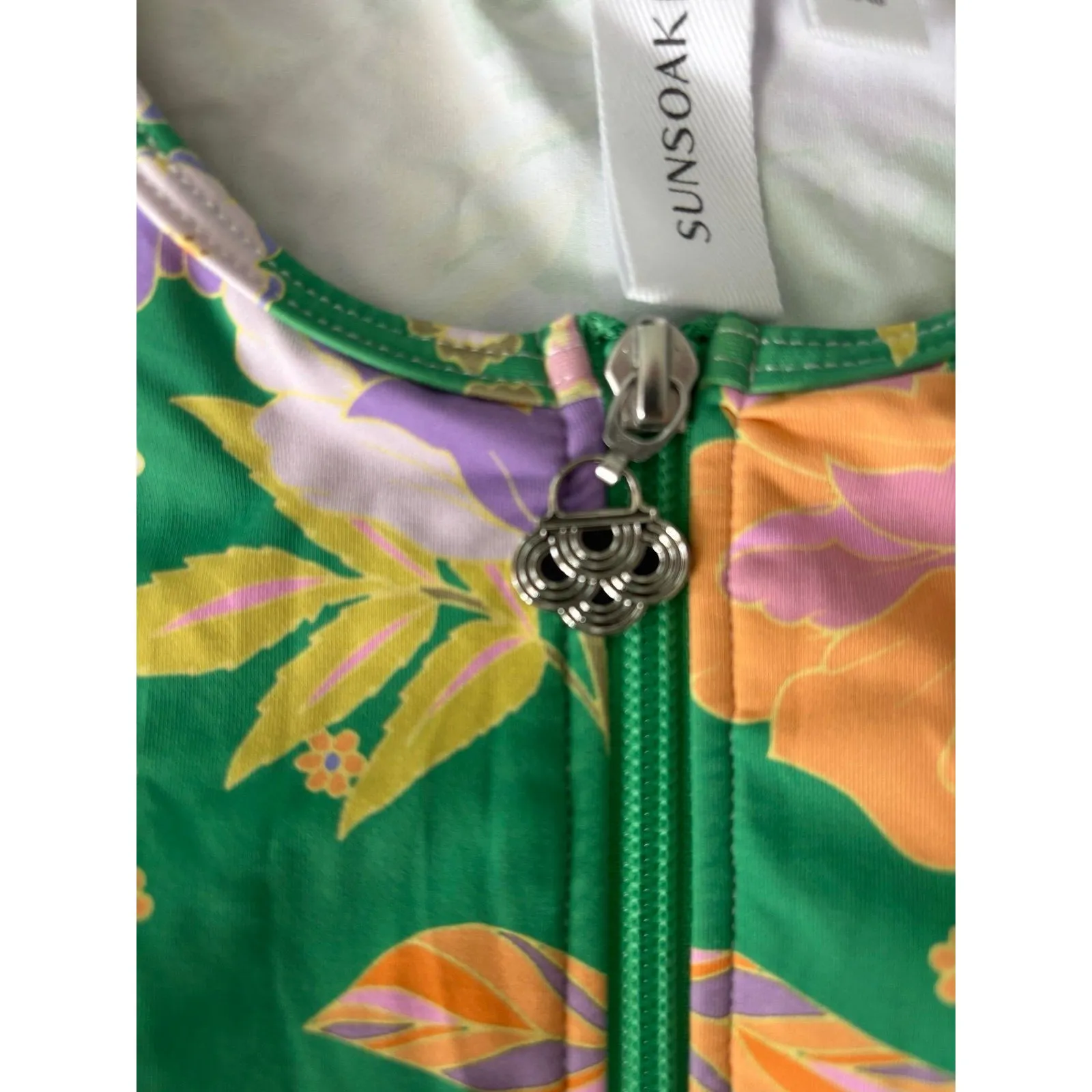 SUNSOAKED Papavero Ruffle Sleeve Padded Floral Zip Up One Piece Swimsuit Size 10 Green - Image 10