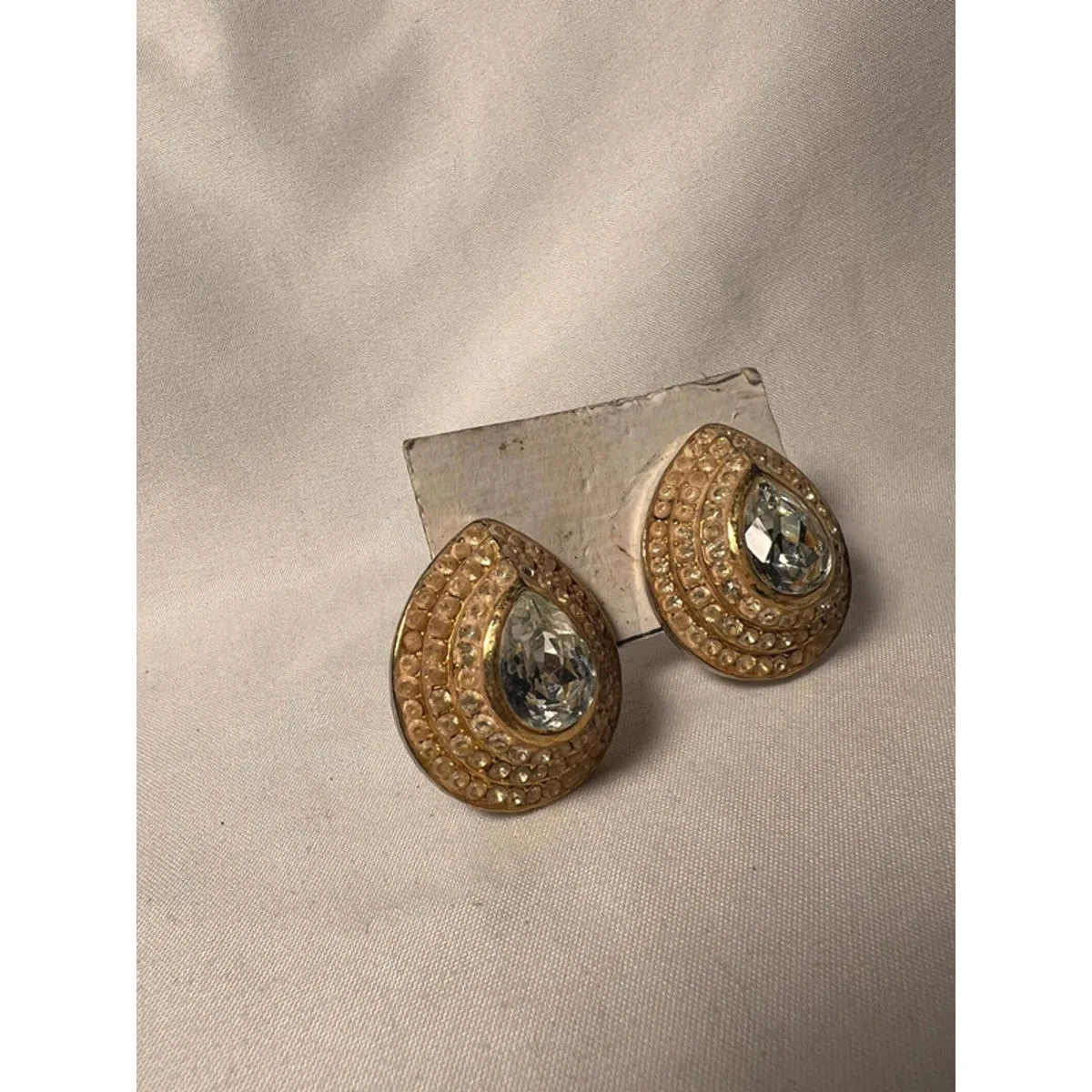 Vintage Gold Toned Rhinestone Napier Teardrop Pear Clip on Earrings - Image 3