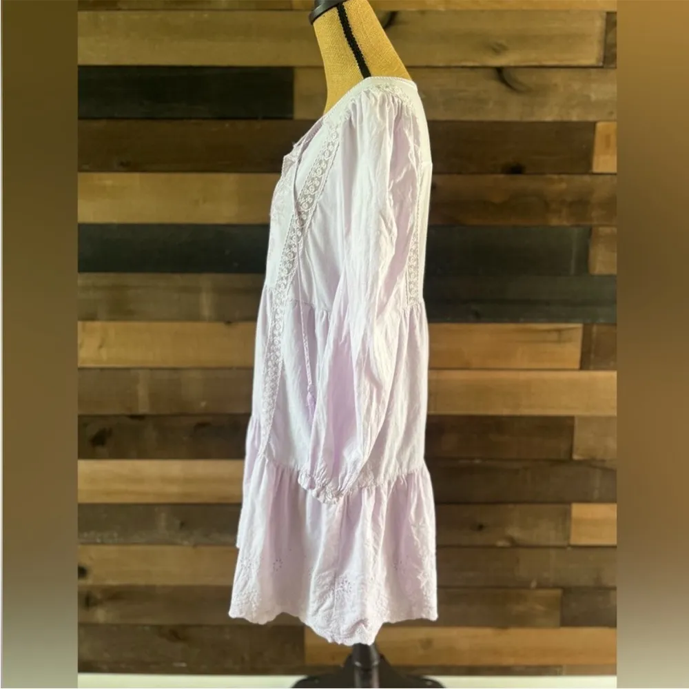 Penelope Cottagecore Rose Purple Long Sleeve Floral Eyelet Lace MIDI Dress Size L - Image 6