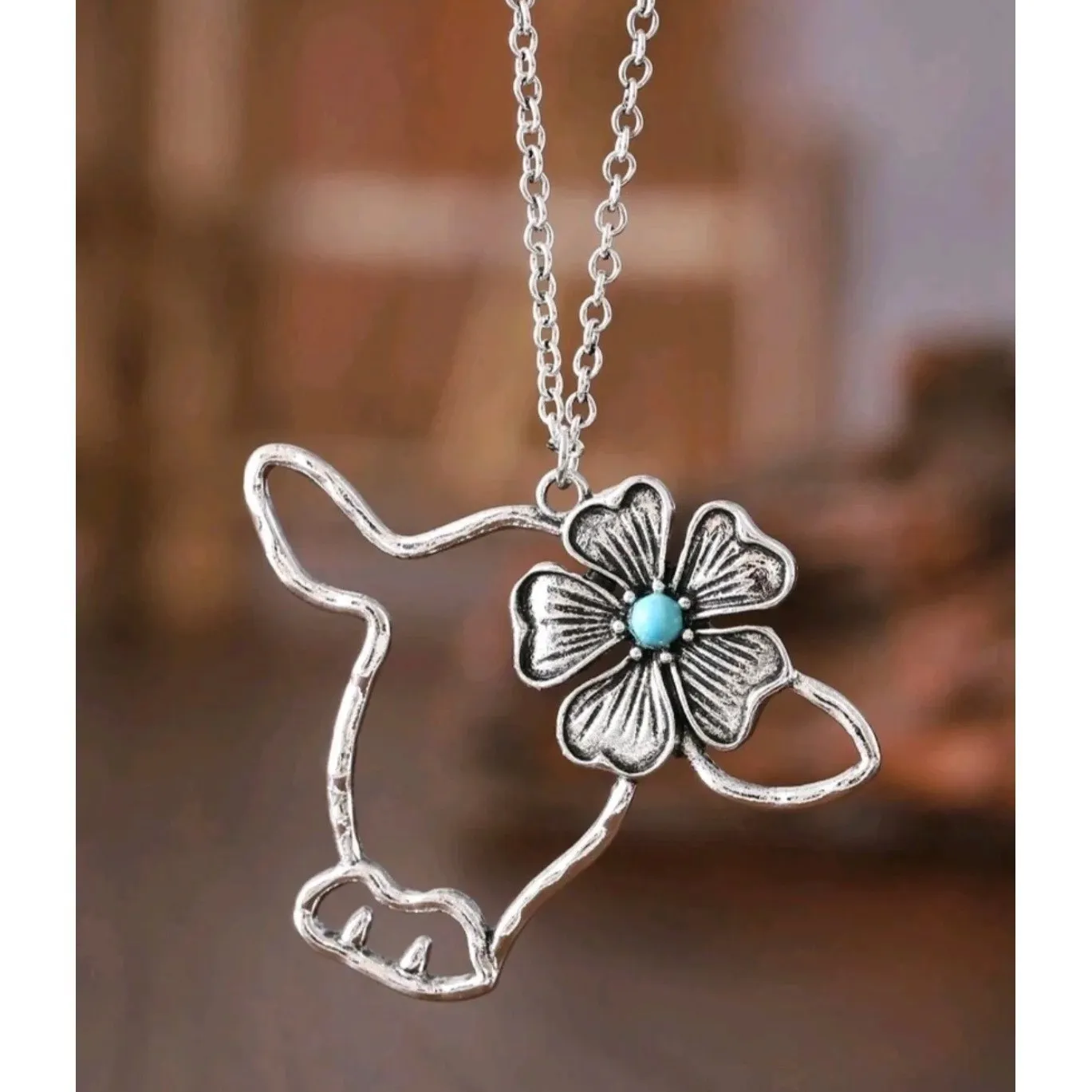 Silver Tone Cow Head Flower Pendant Necklace Western Boho Turquoise Accent New - Image 2