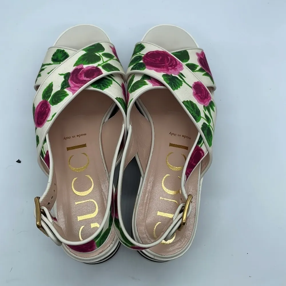 GUCCI Pink Red Rose Floral Sandals Peggy Platforms Striped Sole 39.5 - Image 3