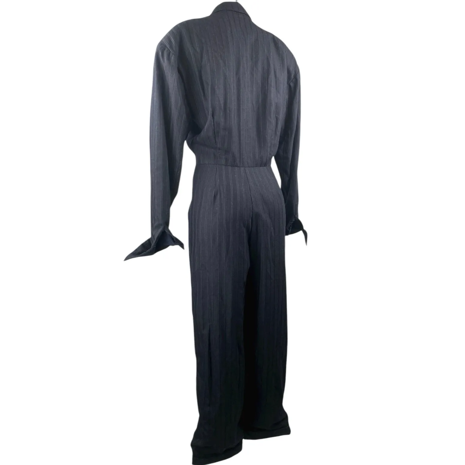Women's Navy Blue Pinstriped Collared Long Sleeve Wide Leg Blazer Jumpsuit Sz M Size M - Image 2