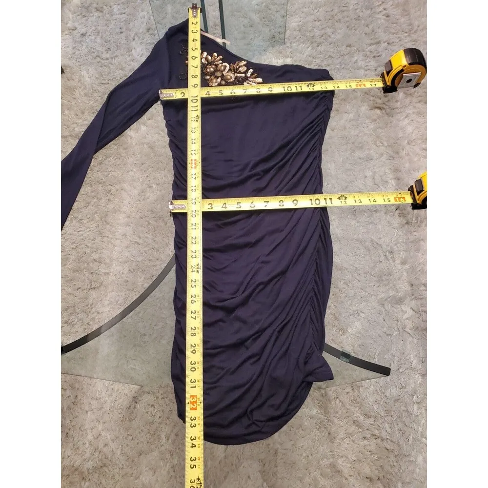 XXI Blue Solid Gold Sequins One Shoulder Off Long Sleeve Knee Length Dress M/M - Image 9