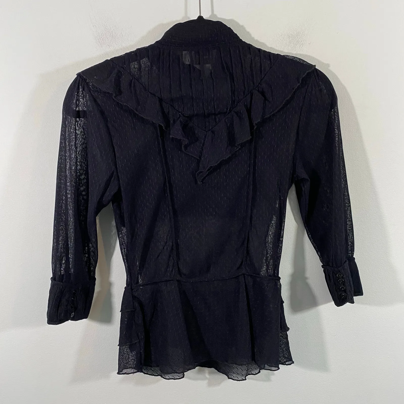 Vintage 90s Central Park West Black Lace Sheer Organza Ruffles Q/S Blouse Size P - Image 9