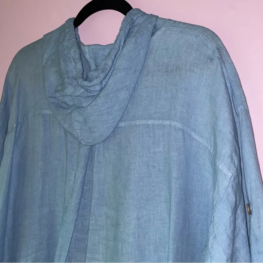 Cherishh Size L Blue Linen Jacket Hooded Zipper Lagenlook Beach Cardigan - Image 7