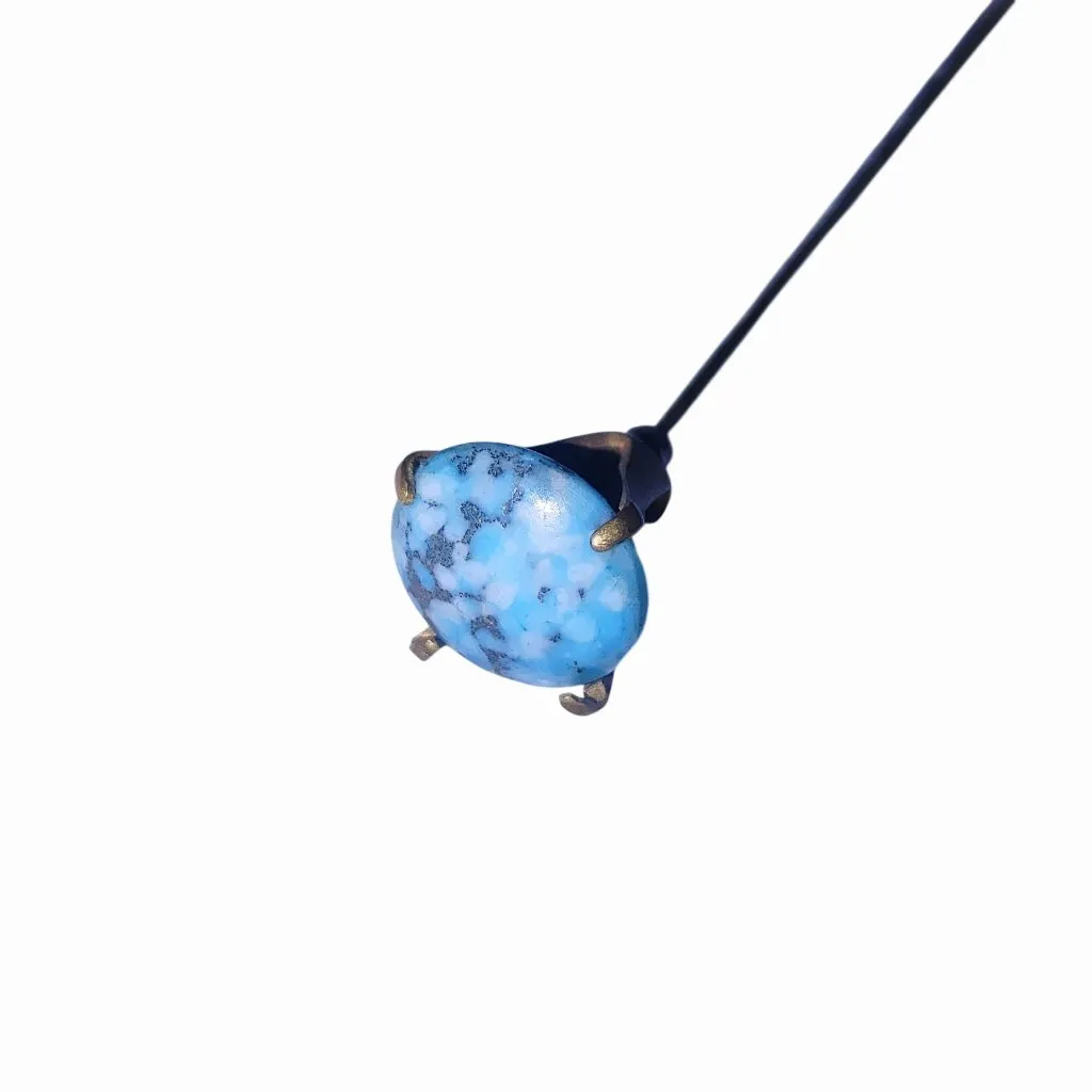 Long Hat Dress Pin Vintage Brass Blue Glass Bead Gold Tone Straight Dome - Image 8