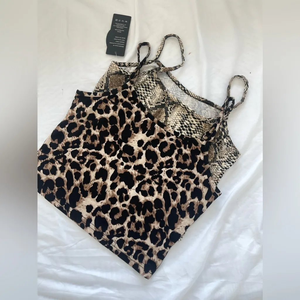 NWT 2 CROP TOPS WITH LEOPARD AND SNAKE PRINT S Brown - Image 2