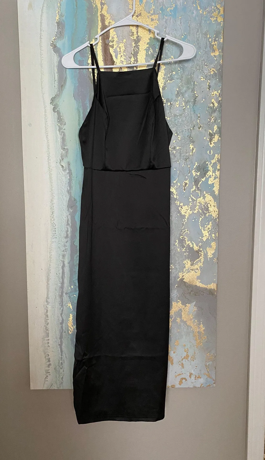 Black Satin Midi Dress With Double Slits - Image 2