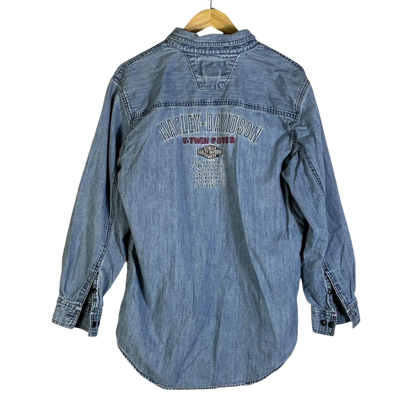 Harley Davidson Denim Button Up Shirt V Twin Power Embroidered Logo Size M Blue Size M - Image 5