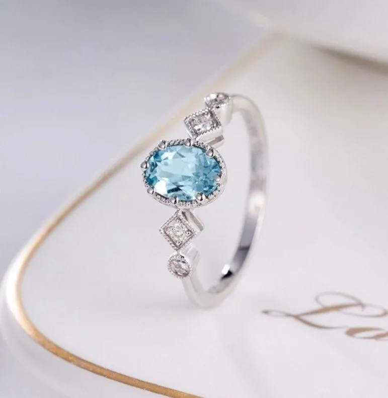 18K White Gold Plated Adjustable Blue Crystal Aquamarine Sapphire Ring for Women Silver - Image 4