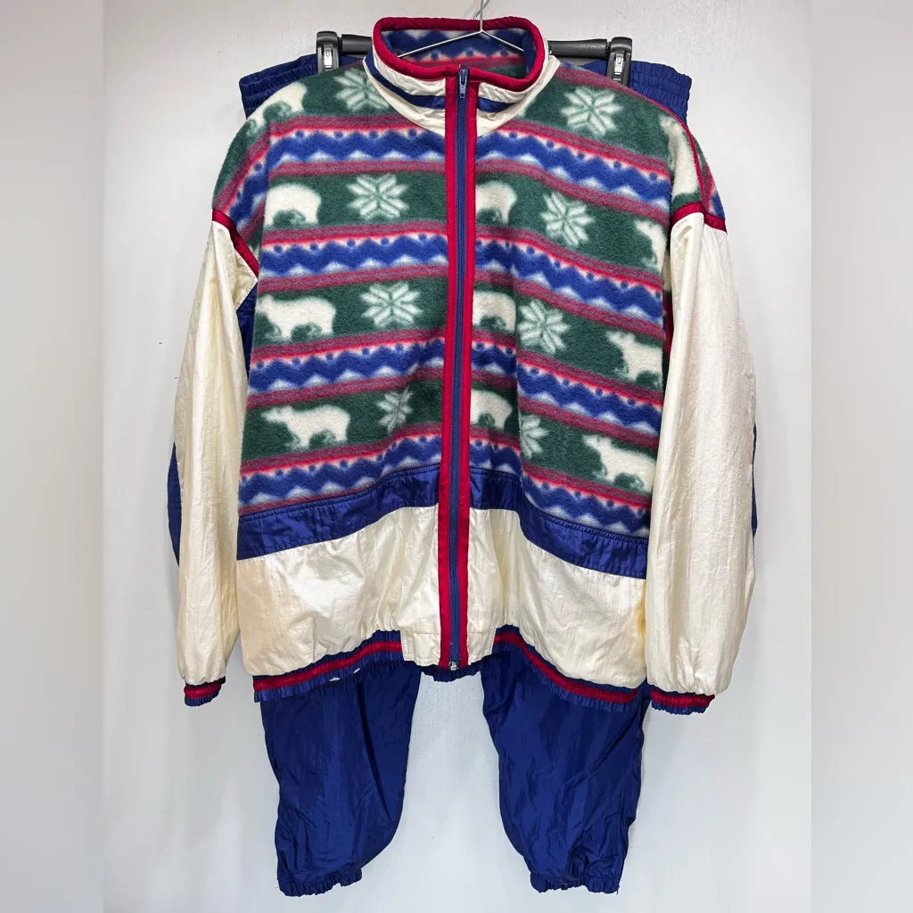 Vintage 80s Satin & Fleece Tracksuit Parachute Pants Oversized Zip Front Jacket Blue Size 1X - Image 2