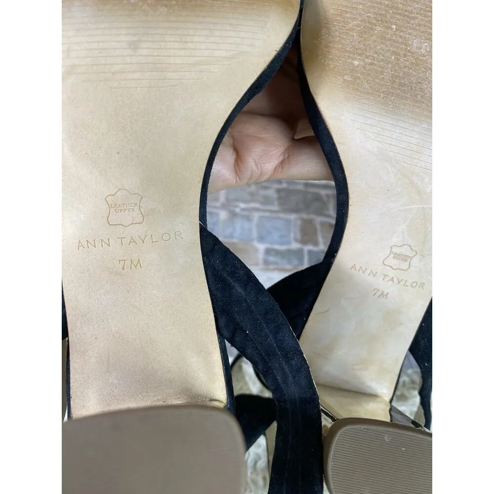 Ann Taylor Black Suede ROWAN Strappy GOLD METALLIC Block Heel Sandals Size 7M - Image 10