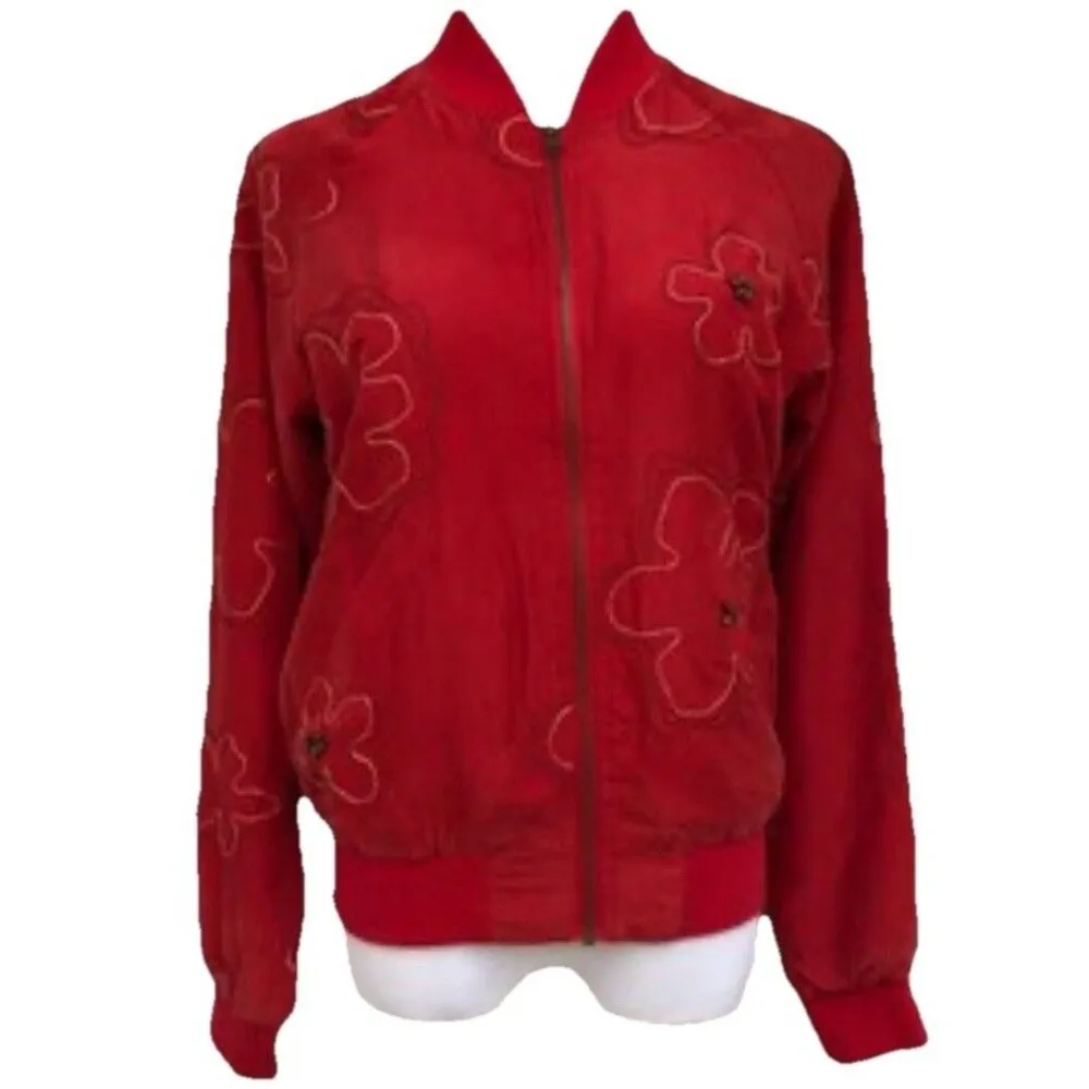 Anne Carson Workshop Red Silk Floral Embroidered Bomber Jacket Women Sz M - Image 2