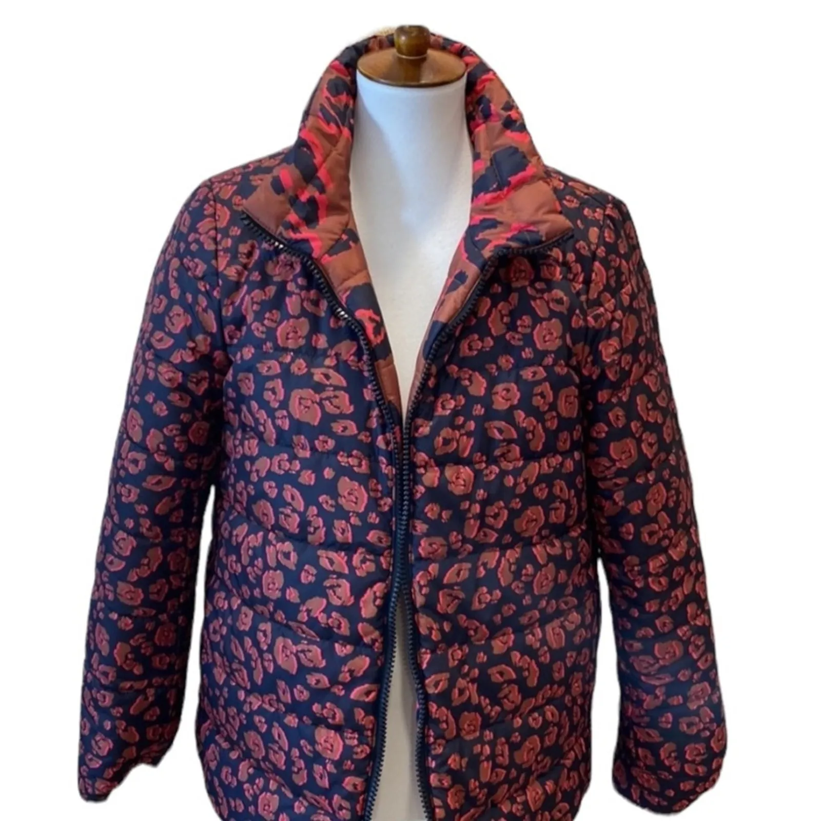 Womens Large Puffer Jacket Coat Leopard LOGO by Lori Goldstein Cheetah Boho Anim - Image 10