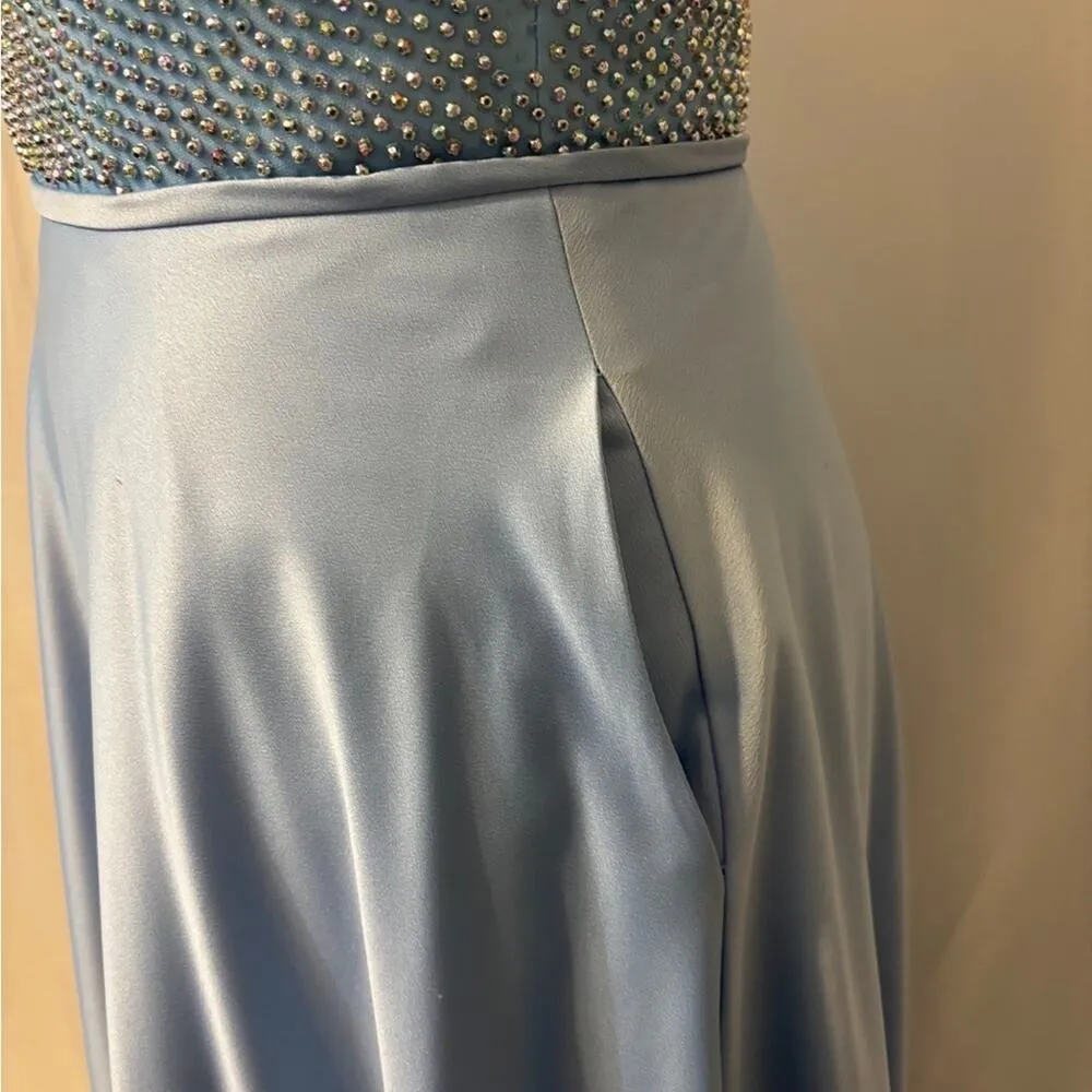 La Femme Light Blue Beaded High Neck Cut Out Satin A-Line Formal Maxi Prom Dress - Image 5
