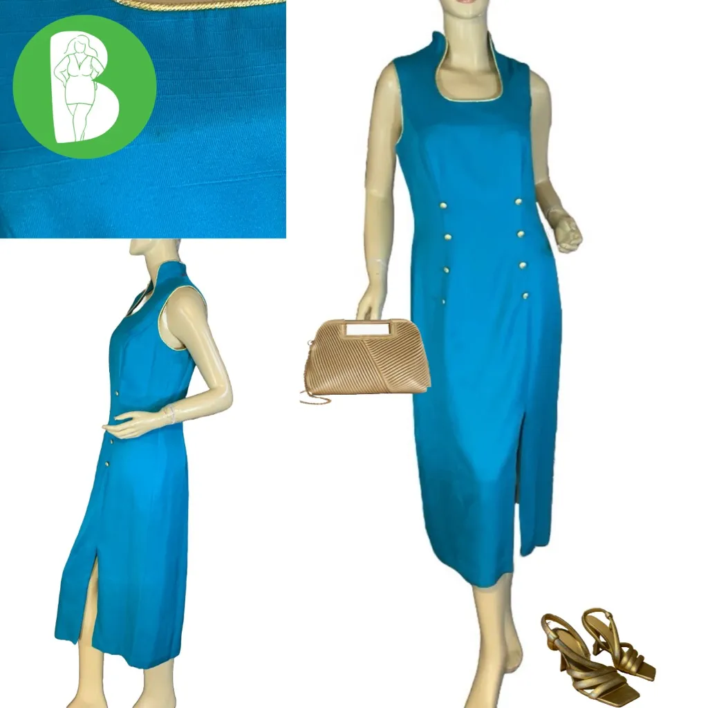 VINTAGE 1990'S ANTHONY MARK HANKINS TURQUOISE BLUE & GOLD TRIM DRESS (12) - Image 2