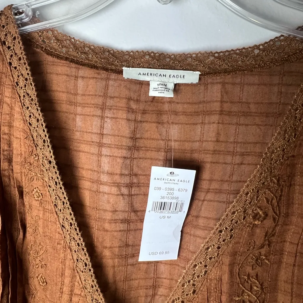 American Eagle NEW Brown Tiered Lace Embroidery Mini Dress Boho Cottagecore Sz M - Image 4