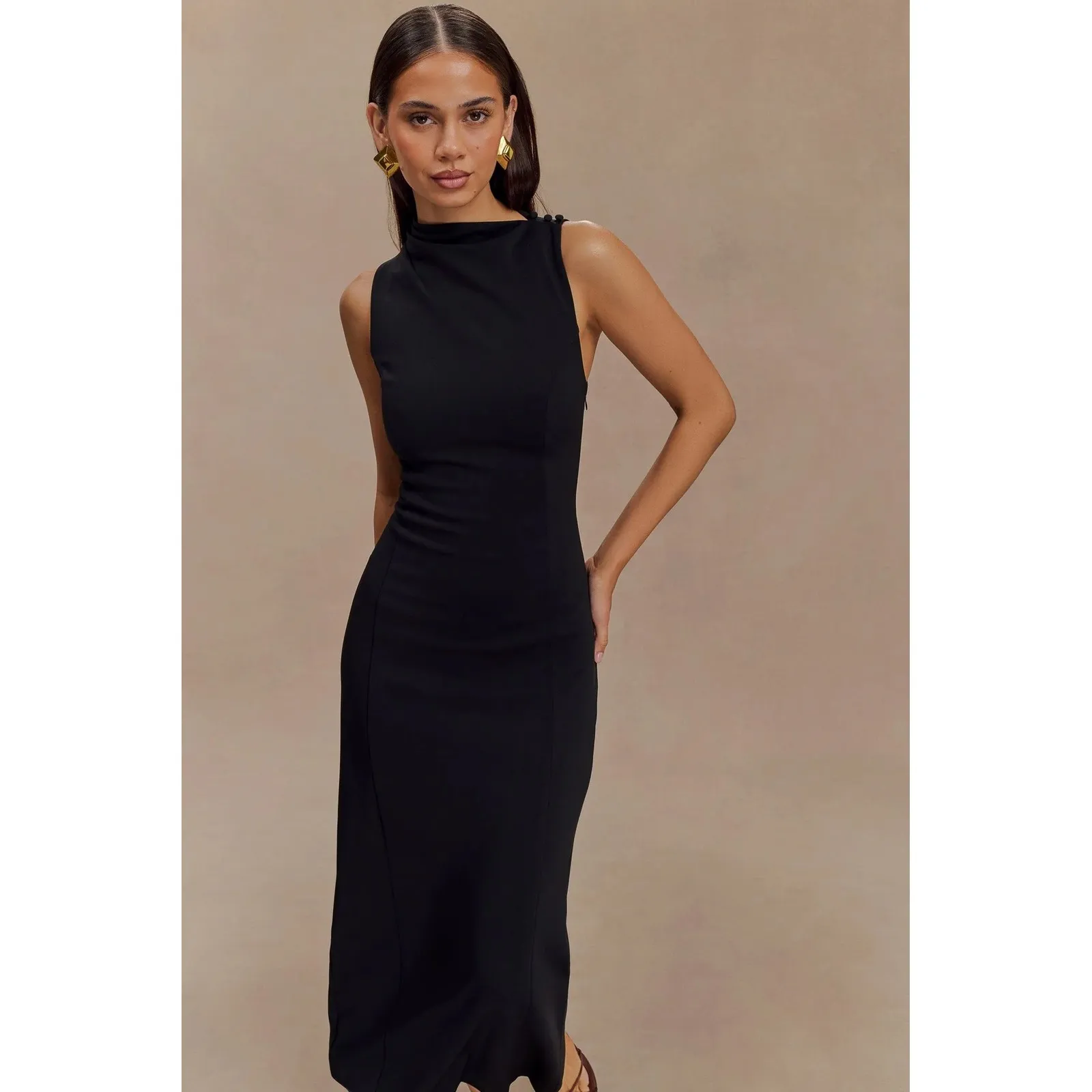 MESHKI The Taylor Draped Crepe Maxi Dress Black High Neck Formal Size 3XL - Image 3