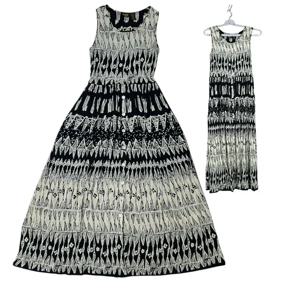 BILA Boho Maxi Dress Gauzy Crinkle Sleeveless Pockets Black Cream Batik Print SM - Image 2