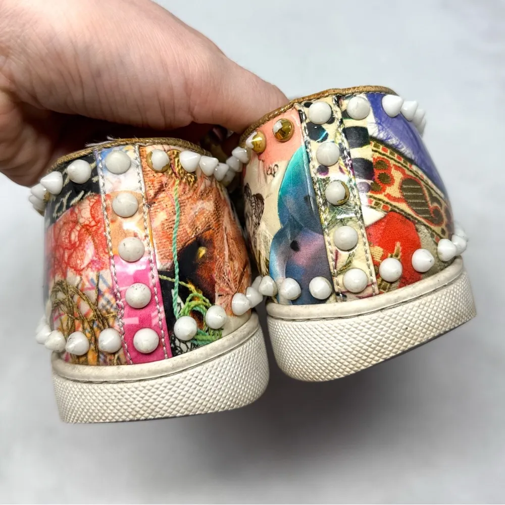 Christian Louboutin Pik Boat Flat Patent Trash Printed Spike Stud Sneaker Shoes - Image 6
