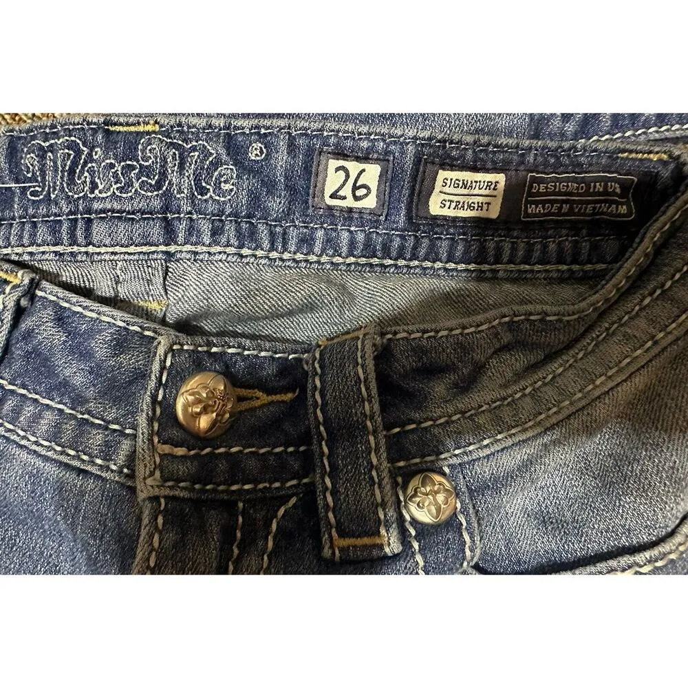Miss Me Jeans Women 26 X 32 Signature Straight Bling Cross Horseshoe Pockets Low - Image 7